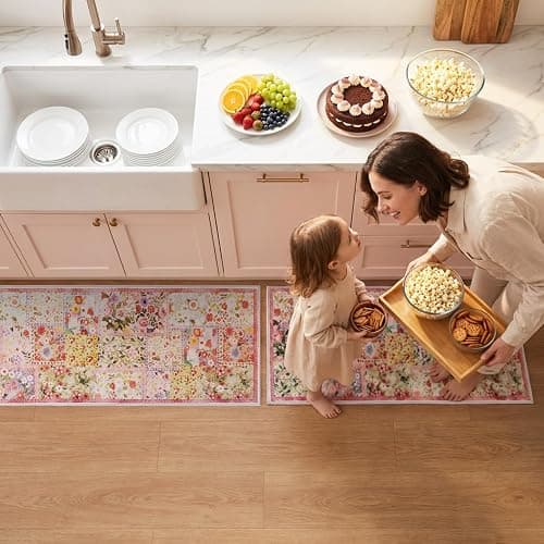 Klyyo Clyro Pink Floral Kitchen Rugs Set of 2 Cute Farmhouse Floor Mats Soft Non Slip Cushioned Washable Kitchen Rugs for Home Entrance Laundry Office Sink Spring Summer Decor, 17 x30 +17 x47 thumbnail 5