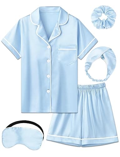 ALHAVONE Kids Girl Pajama Set with Headband Blindfold Hair Tie Toddler Boy Girl Satin Silky Button-up Pajama Sleepwear - Image 1