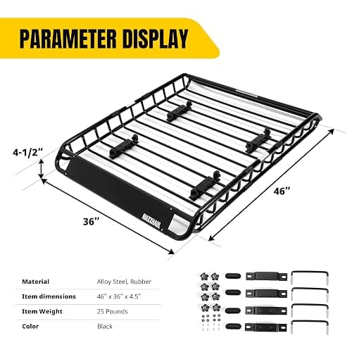 MAXXHAUL 70115 Universal Steel Roof Rack Car Top Cargo Carrier/Basket - 46" X 36" X 4-1/2" - 150 lb Capacity, Black thumbnail 2