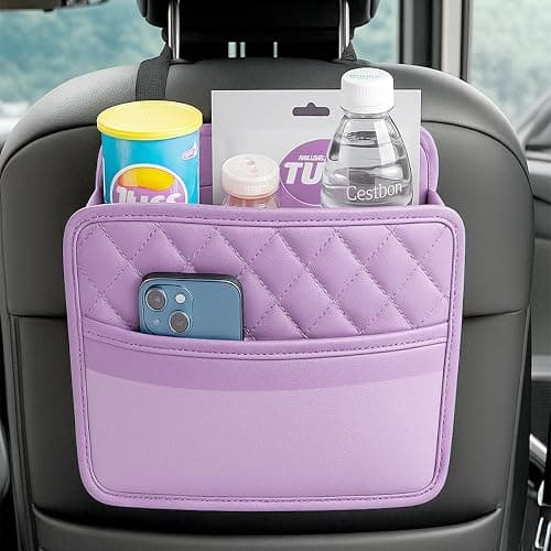 Mandark PU Leather Car Seat Back Organizer, Purple | Three-pocket layout with clear panel, elastic strap installation, fits most cars, SUVs, and trucks, car interior accessories thumbnail 6