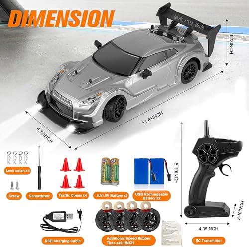 PANKQQ RC Drift Car, 1:16 Scale Drifting RC Cars, 2.4GHz 4WD RC Race Car, 40km/h High-Speed Remote Control Drift Car Vehicle, Racing Sport Toy Easter Basket Stuffers Gift for Boys Girls Kids(Silver) thumbnail 3