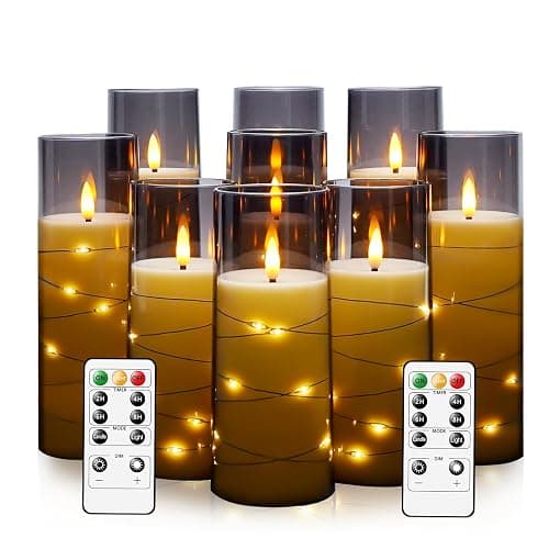 kakoya Flameless LED Candles with Timer 9 Pc Flickering Flameless Candles for Romantic Ambiance and Home Decoration Stable Acrylic Shell,with Embedded Star String，Battery Operated Candles（Grey） - Image 1