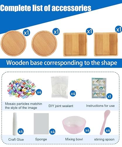 4 Sets DIY Mosaic Kits for Adults with Wooden Coasters, Mixed Color Glass Mosaic Tiles Craft Kits for Adults Women, Complete Mosaic Coaster Making Kit for Home Decor Gifts thumbnail 4