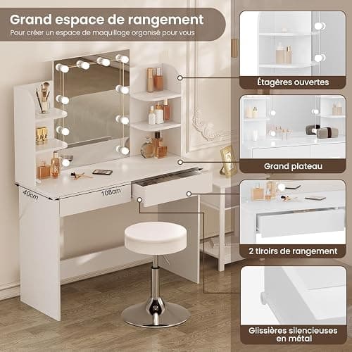 WOLTU Coiffeuse avec Miroir LED, Coiffeuse avec Tabouret Réglable en Hauteur, Table de Maquillage avec 2 Tiroirs 4 Étagères Ouvertes, 108x40x142cm, Bureau Coiffeuse Blanche en Bois, MB6106ws thumbnail 5
