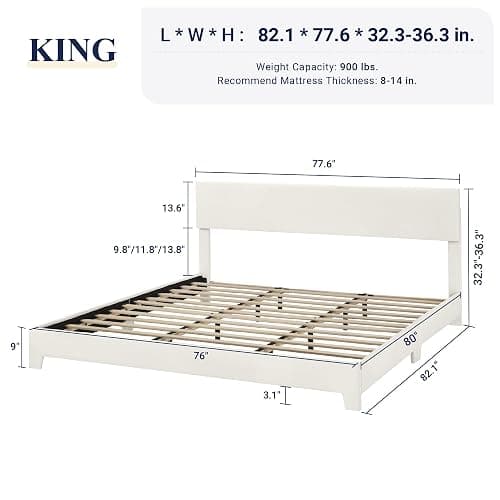 Allewie King Size Bed Frame with Adjustable Headboard, Faux Leather Platform Bed with Wood Slats, Heavy Duty Mattress Foundation, No Box Spring Needed, Noise-Free, Easy Assembly, White thumbnail 2