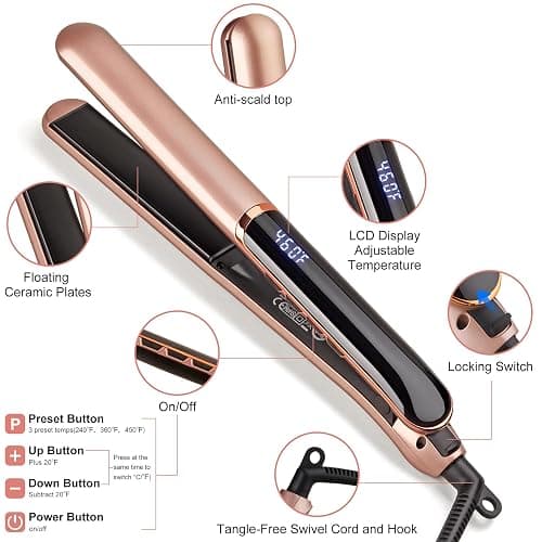 Flat Iron Hair Straightener with Floating Plates Get Shinier & Smoother Hair, 14 Adjustable Temp, Dual Voltage Digital Display 100°C–230°C thumbnail 6