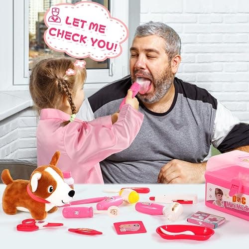 Doctor Kit for Toddlers 3-5 Dress Up for 2+ Year Olds Girls Pretend Veterinarian Toddler Doctor Play Set with Stethoscope Pink Costume Dog Toy Christmas Birthday Gifts for 2 3 4 5 6 Year Old Girls thumbnail 8