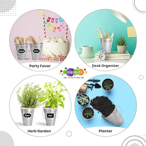 Colorlaza Galvanized Metal Bucket with Handle 12 Pcs- Metal Buckets for Party, Tin Buckets with erasable Stickers and Chalk Marker Silver Bucket 4.7" W x 5" H x 2.7" L thumbnail 7
