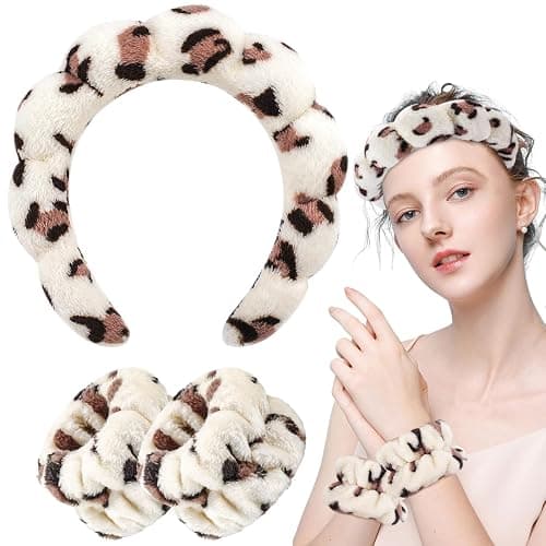 Zkptops Spa Headband for Washing Face Wristband Set Sponge Makeup Skincare Headband Wrist Plush Bubble Get Ready Hairbands for Women Puffy Headwear Non Slip Thick Thin Hair Accessory(Beige Leopard) thumbnail 8