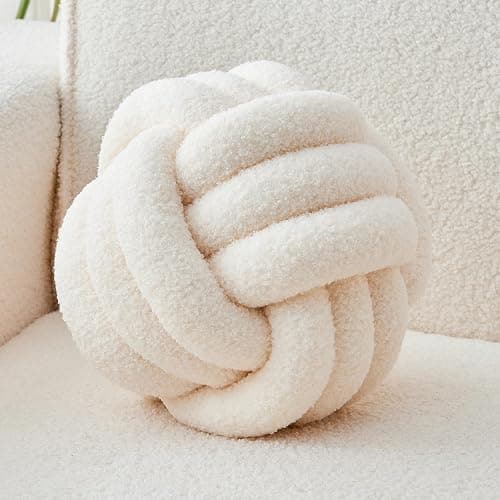 LUSJNGE Decorative Throw Knot Pillow Ball for Home Chair Sofa Couch Bed Aesthetic Round Decor Pillows Lambswool Knotted Pillow Cushion (Ivory White, 8inches) - Image 1