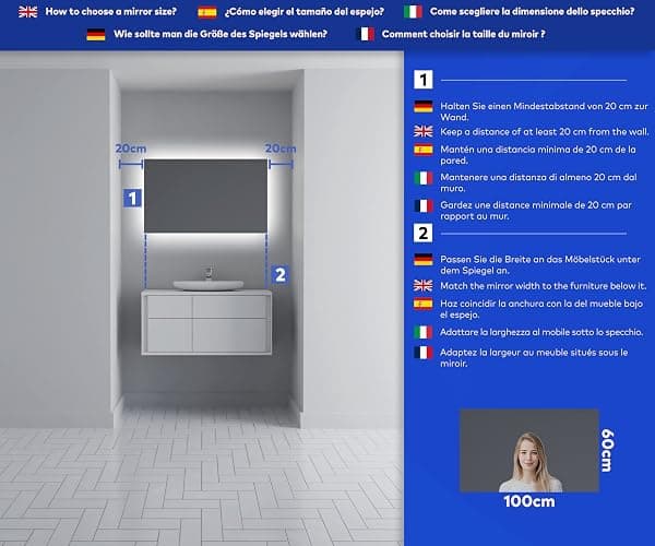 Badspiegel 100x60cm mit LED Beleuchtung - Wählen Sie Zubehör - Individuell Nach Maß - Beleuchtet Wandspiegel Lichtspiegel Badezimmerspiegel - LED Farbe zu Wählen Kaltweiß/Warmweiß L58 thumbnail 3