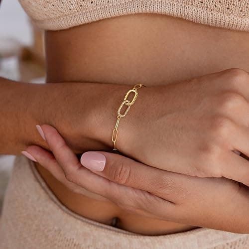 Moodear Dainty Gold Charm Bracelets for Women - Trendy Non Tarnish 14k Gold Plated Charms Bracelet Adjustable Chain Waterproof Jewelry - Paperclip Bracelet Gold thumbnail 4