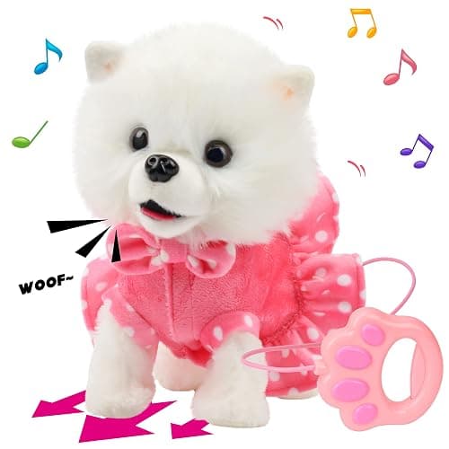 Hopearl Walking Pomeranian Interactive Electronic Pet Dog Toy Remote Control Leash Animated Puppy Nodding Barking Wagging Tail Gifts for Toddlers Birthday, White, 10'' - Image 1