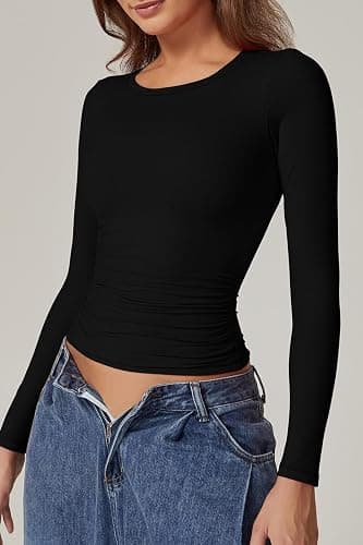 QINSEN Womens Crewneck Long Sleeve Shirt Double Lined Basic Tees Side Ruched Going Out Crop Tops thumbnail 3