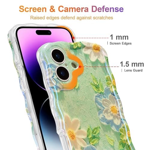 EYZUTAK Case for iPhone 17, Colorful Retro Oil Painting Flower Laser Glossy Pattern Cute Curly Wave Edge Exquisite Phone Cover Stylish Durable TPU Protective Case for Girl Women - Blue White thumbnail 4