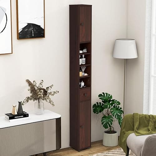 Tangkula Tall Slim Bathroom Storage Cabinet, 71" Freestanding Bathroom Cabinet w/ 2 Doors, 1 Drawer & 5 Adjustable Shelves, Floor Narrow Tower Cabinet for Small Spaces, 8" x 8" x 71" (Brown) thumbnail 5
