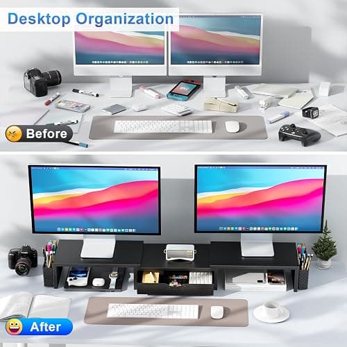 gianotter Dual Monitor Stand Riser, Desk Organizer With Drawer and 2 Pen Holders, Computer Monitor Stand, Shelf for Top of Desk, Black thumbnail 2