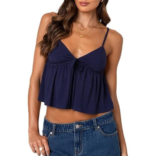 Women Y2k Flowy Ruffle Hem Cami Tank Top Casual Solid Color Deep V Neck Sleeveless Peplum Camisole Summer Beachwear - Image 1