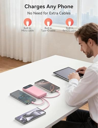 Portable Charger, 10000mAh 22.5W Fast Charging Power Bank with 4 Built-in Cables, Travel Essentials Battery Pack with LED Display, 6 Outputs Charging Bank Compatible with iPhone, iPad, Samsung Pink thumbnail 7