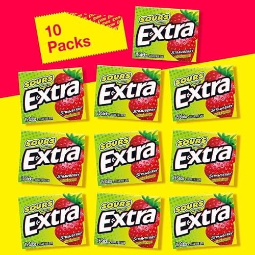 EXTRA SOURS Strawberry Fruit Gum Sugar Free Candy Sour Gum Pack 10Ct | Sugar Free sour gum with fresh breath on-the-go flavor; 10 count gum packs for purse essentials, bag, car, work thumbnail 6