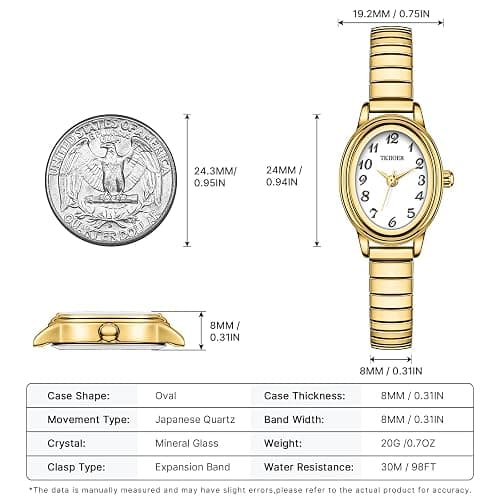 TKIIOER Small Gold Watches for Women, Easy to Read Ladies Analog Watch, 30M Waterproof, Luminous Dial, Stainless Steel Stretch Expansion Strap thumbnail 3