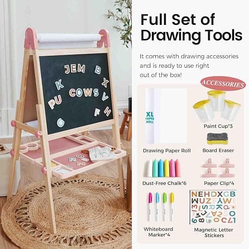 Tiny Land Easel for Kids, Double-Sided Magnetic Easel with Drawing Accessories, Adjustable Wooden Kids Art Easel with Paper Roll, Learning-Toy for 3,4,5,6,7,8 Years Old Boy & Girls Pink thumbnail 3