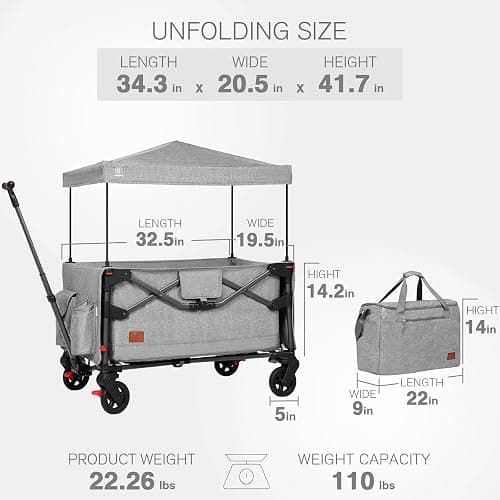 EVER ADVANCED Lightweight Foldable Travel Wagon Stroller for 2 Kids - Carry-on Airplane Size with Travel Bag - All-Terrain Wheels, 5-Point Harness - Portable Kids & Cargo Wagon for Zoo & Park thumbnail 3