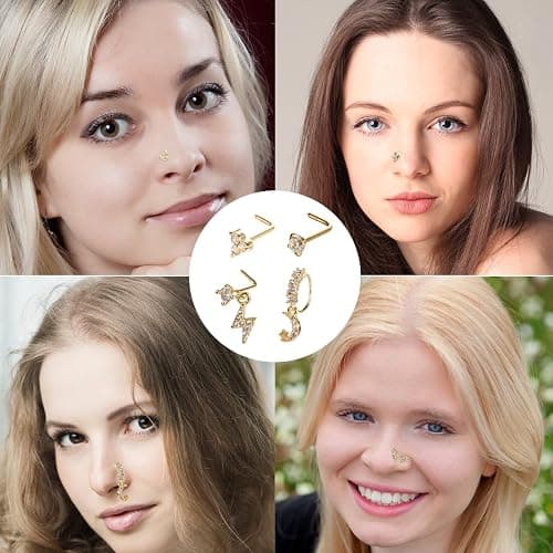 SAMOCO 20Pcs 20G Dangle Nose Ring L Shaped Dangling Nose Stud for Women Stainless Steel Nose Ring Studs CZ Flower Dangle Nose Rings Hoops Nose Piercing thumbnail 5
