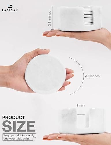 Radicaln White Marble Coasters Set of 6 Handmade 3.5" Inch Round Coasters for Drinks, Elegant Coaster Set with Holder for Dining and Coffee Table thumbnail 6