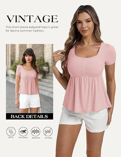 Belle Poque Women's Summer Cute Tops Short Sleeve Babydoll Peplum Top 2026 Square Neck Casual Shirts Teen Top Tee thumbnail 7