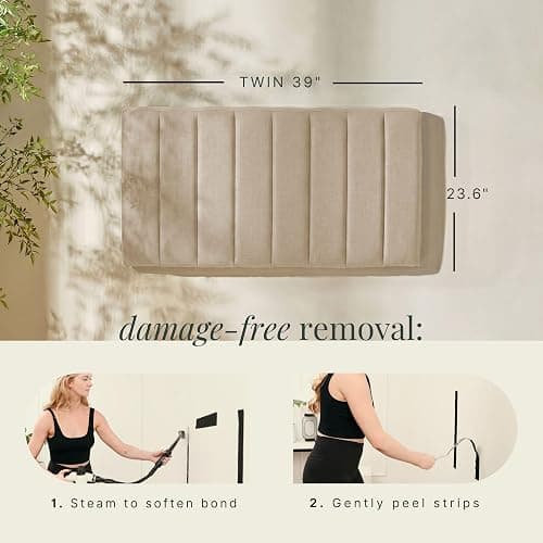 Hearth & Harbor Upholstered Twin Headboard - Easy Assemble Channel Stitched Headboard Twin Size - Wall Mounted Headboards with 3D Soundproof Wall Panels Peel & Stick Floating Headboards, Beige thumbnail 2