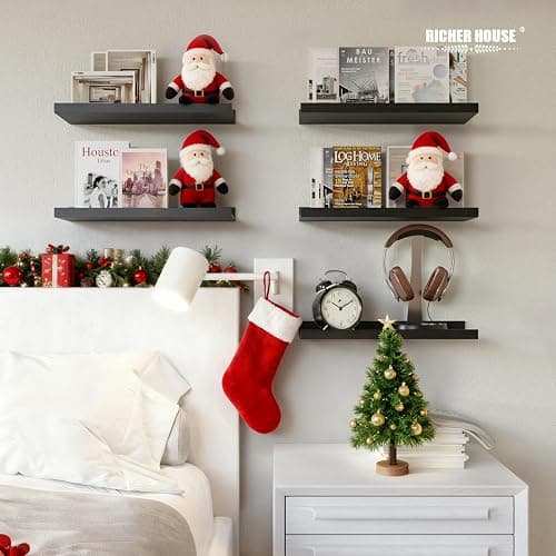 RICHER HOUSE 5 Set Floating Wall Mounted Shelves, Black Shelves for Wall Decor, Modern Picture Ledge Shelf with Lip for Storage, Nursery, Bedroom, Living Room, Bathroom - Black thumbnail 2