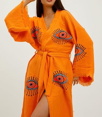 CYC Atelier 100% Turkish Cotton Evil Eye Kimono Robe – Hand Printed Caftan Beach Cover Up – Boho Festival Kimono for Women thumbnail 3