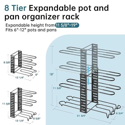 ORDORA Pots and Pans Organizer for Cabinet Expandable Height 11.65'' to 19", 8 Tier Pot Organizers Rack with 3 DIY Methods, Adjustable Pan Organizer under Cabinet Kitchen Organization and Storage thumbnail 2
