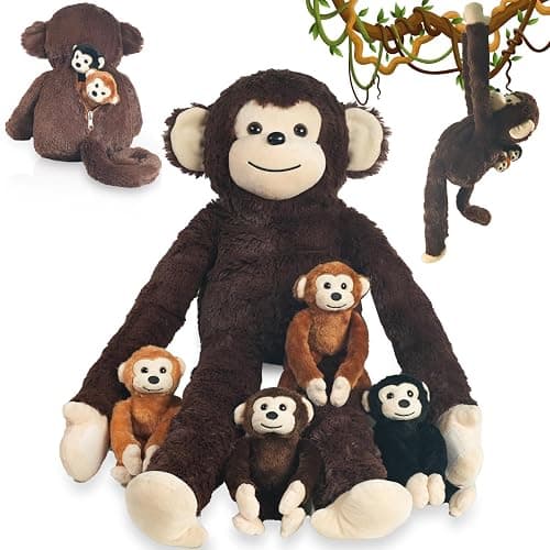 5 PCS Monkey Stuffed Animal, Large Huggable Stuffed Monkey Toy with 4 Baby Monkeys Inside, Hanging Plush Monkeys with Hook and Loop Suprise Gifts for Kids Christmas Birthday Jungle Forest Party Decor - Image 1