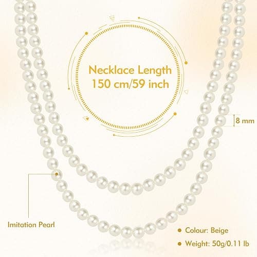 CdbC 59" Long Pearl Necklace, Faux Long Pearl Necklaces for Women, Vintage Elegant Long Pearls, Pearl Necklace Long for Wedding Party 1920s Gatsby Costume Jewelry thumbnail 2