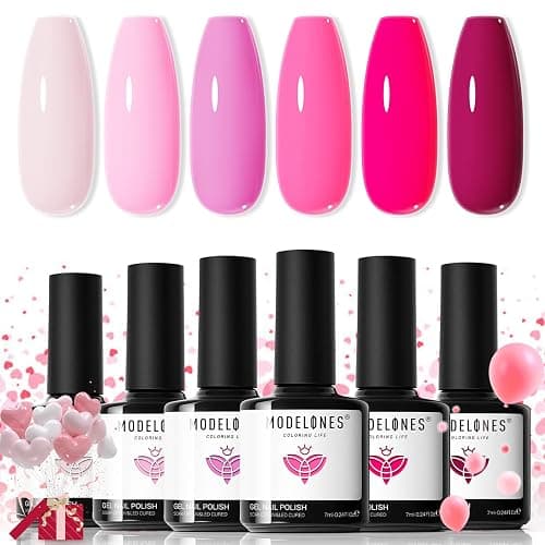 modelones Pink Gel Nail Polish Set 6 Colors, Thanksgiving Hot Pink Tones Neon Pink White Gel Polish Magenta Light Soft to Dark 2025 All Seasons LED Nail Art for Nail Lovers Gift Salon DIY Starter Kit - Image 1