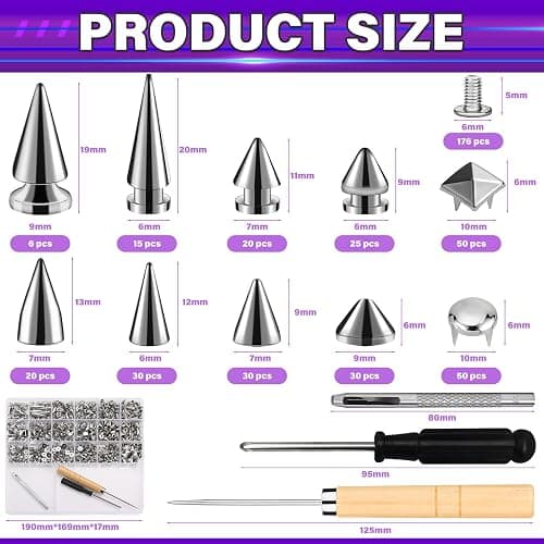 Jollidecor 455 PCS Punk Studs for Clothing, 10 Size Metal Spikes and Studs Leather Rivets for Craft, Square Pyramid Studs Round Dome Rivets DIY Punk Style Decoration for Clothes Shoes Belts Dog Collar thumbnail 4