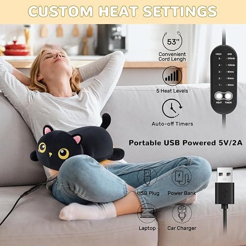 Cat Heating Pad for Period Cramps Menstrual Pain Relief, Portable Electric Heat Pads USB Powered, Cute Black Cat Plush Stuffed Animals Gift, Funny Cats Gifts for Women Teen Girls Birthday Christmas thumbnail 5