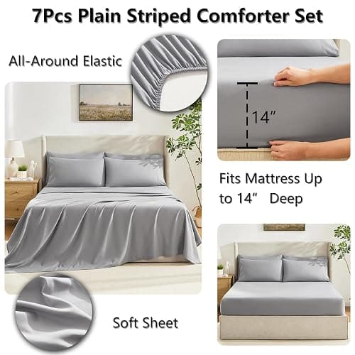 CozyLux Full Size Comforter Sets Grey, 7 Pieces Bed in a Bag, Gray Comforter Full Size, All Season Bedding Sets with Stitch Quilted Comforter, Flat Sheet, Fitted Sheet, Pillowcases thumbnail 5