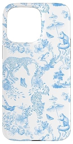 iPhone 15 Pro Max French Light Blue Toile Chinoiserie with Flowers, Leopards Case - Image 1