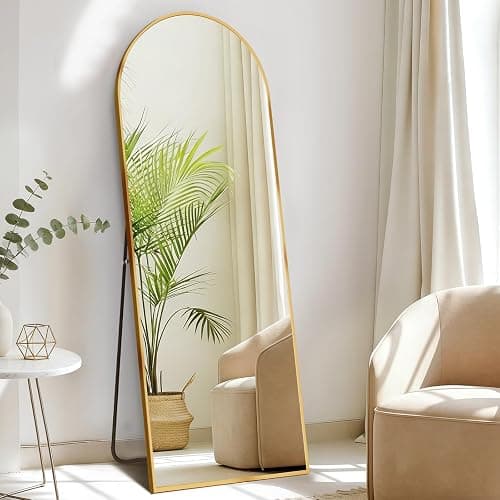 DUMOS Arched Full Length Mirror with Stand Floor Standing Aluminum Frame for Bedroom Body Hanging Leaning Modern Simple Home Decor Shatter-Proorf Nano Glass Wall Living Room Cloakroom Gold 56"x15" - Image 1