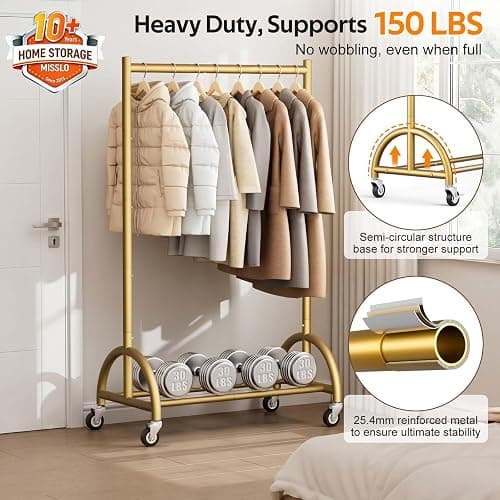 MISSLO Heavy Duty Clothing Rack with Wheels Rolling Clothes Racks for Hanging Clothes, Coats, Garment, Dress, Gold, 30" W thumbnail 3