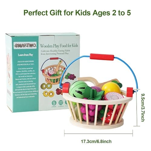 Smartwo Frutta da Tagliare in Legno Con Cesto - Accessori Cucina Giocattolo per Bambini, Verdura e Cibo Finto - Regalo Educativo per 3+ Anni thumbnail 7