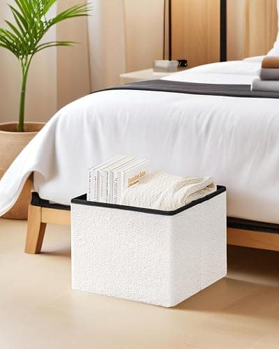 ZOLANOful Small Ottoman with Storage, Sherpa Storage Ottoman Cube, Boucle Folding Foot Rest for Dorm, Living Room, Bedroom, White, 16.5"x12.6"x12.6" thumbnail 4