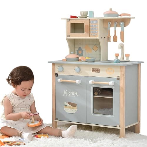 Play Kitchen for Toddlers, Kids Kitchen Playset Toy Kitchen Set, Toddler Kitchen Playset Wooden with with Faucet, Oven, Cookware Accessories thumbnail 9