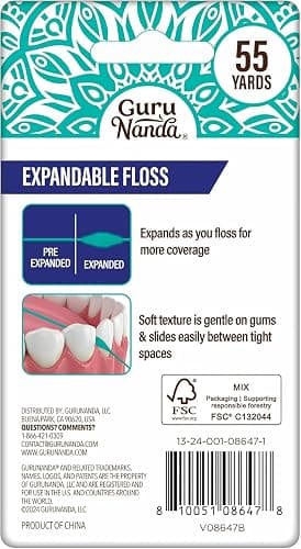 GuruNanda Expandable Waxed Dental Floss for Gentle, Deep Cleaning Wide Teeth Flossing - Peppermint Flavor - 55 Yards (Pack of 2) thumbnail 7