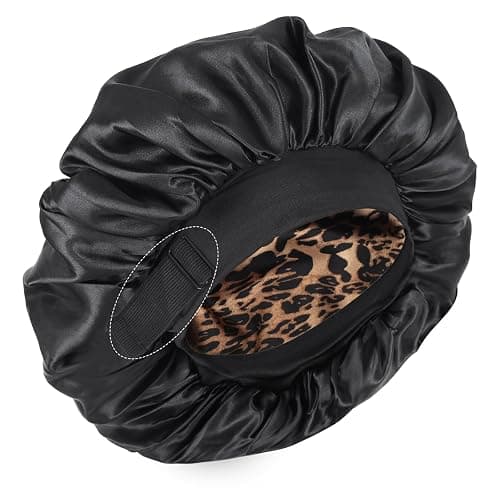 Silk Bonnet for Sleeping Double Layer Satin Bonnet Adjustable Bonnets for Black Women Sleep Cap Reversible Hair Bonnet for Curly Hair (Black and Leopard) - Image 1