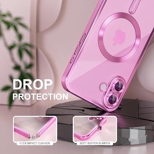 Misea Magnetic for iPhone 16 Plus Case Compatible with MagSafe [Never Yellowing] [Military Grade Drop Protection] Full Camera Lens Protector Plating Soft Clear Phone Case for Women 6.7 inch, Hot Pink thumbnail 4