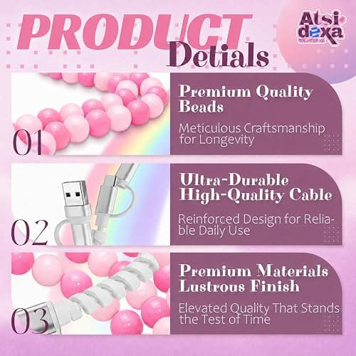 Atsidexa 4-in-1 Beaded Charging Cable, MFi Certified, Works with CarPlay, 3.3FT 60W Fast Charger Cord for iPhone 17/16/15/14/13/12/11, iPad, Samsung, Android and More (Pink Swirl) thumbnail 7